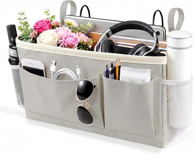 Bedside Caddy for Dorm Bed, Bedside Storage Bag Hanging Organizer | Metal Frame, Water-Resistant Lining, Fits Bed Rails up to 2.2 In, Adjustable Straps, Bunk and Hospital Beds(1 Pack, Light Gre