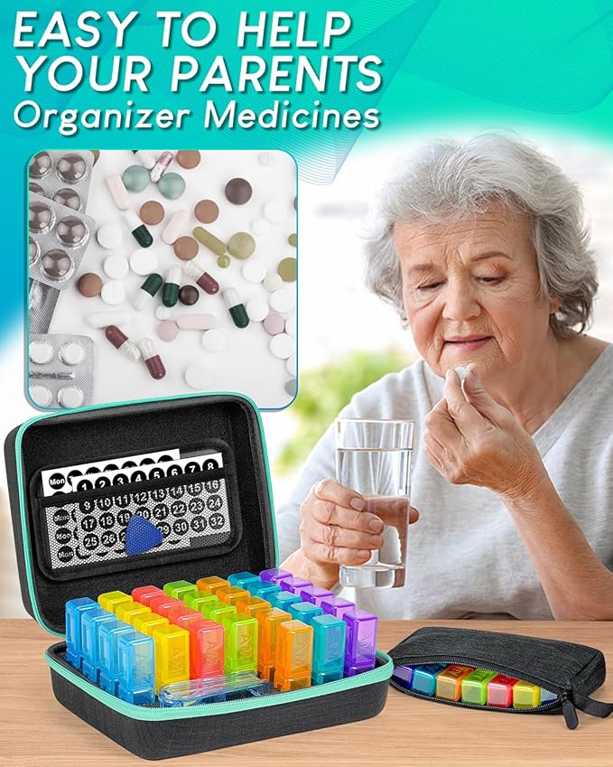 Monthly Pill Organizer 2 Times a Day, with Portable Hard Shell, Pill Cutter, 31-Day Box, Plastic Opening Pick, Monthly & Weekly Stickers, Convenient Medication Management (2 Times a Day)
