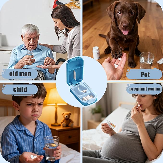 Pill Cutter Splitter for Small or Large Pills with Safety Lock - Accurate and Easy Travel-Friendly Design for Daily Use (Blue)