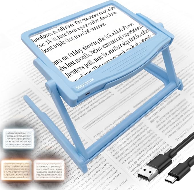 MAGNIPROS 5X Rechargeable LED Page Magnifier with Foldable Stand, Hands-Free Lighted Magnifier with 3 Color Modes, Anti-Glare Lens for Reading Small Print, Low Vision, Seniors, Crafts