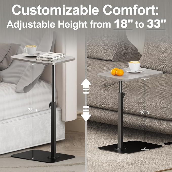 Side Table Sofa Tray for Couch Heavy Metal Base Swivel/Adjustable Height | Sofa Bed Bathroom Study TV Tray C Shaped End Table Food Snack Trays for Eating