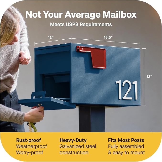 Adoorn Lockable Post Mount Mailboxes for Outside - Small Anti-Theft Locking Mailbox for Packages and Letters - Weatherproof Construction - Durable Steel - 12" H x 12" W x 18.5" D - Navy