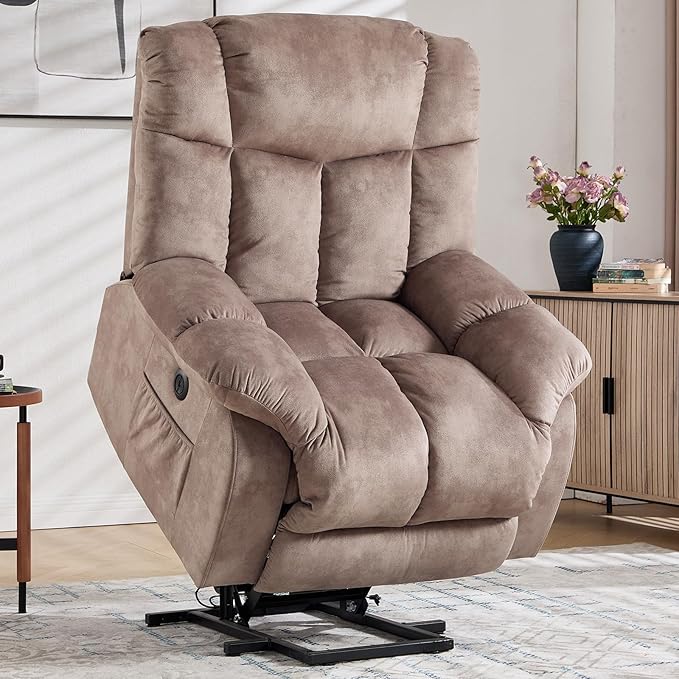 Power Lift Recliner Chair for Elderly, Heavy Duty and Safety Motion Reclining Mechanism-Antiskid Fabric Sofa Living Room Chair with Overstuffed Design, Light Tan