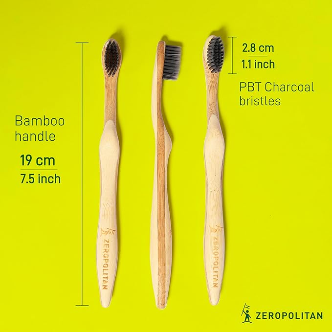 Bamboo Toothbrushes with Soft Charcoal Bristles 1 Unit - Ergonomic Handle Wooden Toothbrushes - Eco Friendly, Low Waste and Biodegradable Toothbrushes