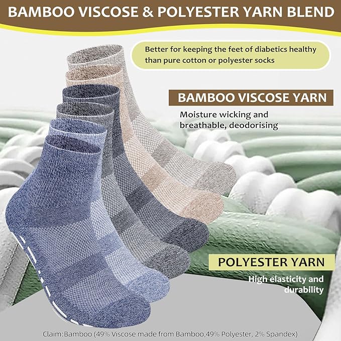Bulinlulu Bamboo Viscose Diabetic Socks with Grippers for Men Women -6 Pairs Non Binding Ankle Slipper Socks Size 6-9 9-12