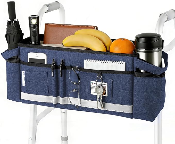 AMEDELE Walker Basket for Seniors With Cup Holder, Foldable Walker Bag with Large Capacity,Walker Accessories for Folding Walker-Not Fit for Rollator (Blue)
