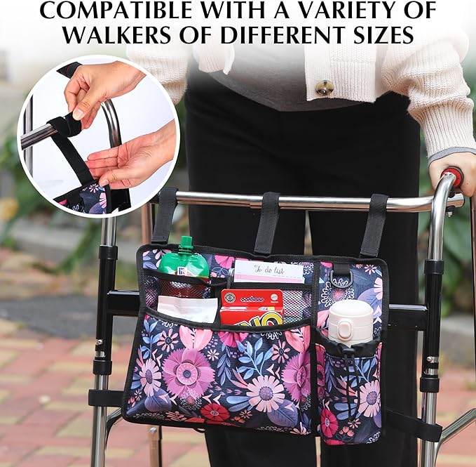 Walker Accessories for Folding Seniors Bag Walker Organizer Storage Pouch Cup Holder Carry with Pockets Detachable -red Flower