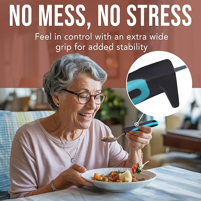 BUNMO Adaptive Utensils for Elderly, Arthritis, Weak Hand Grip & Handicapped - 4 Piece Set - Convenient Travel Pouch - Lightweight - Arthritis Gifts for Seniors Over 80 - Gifts for Disabled Adults