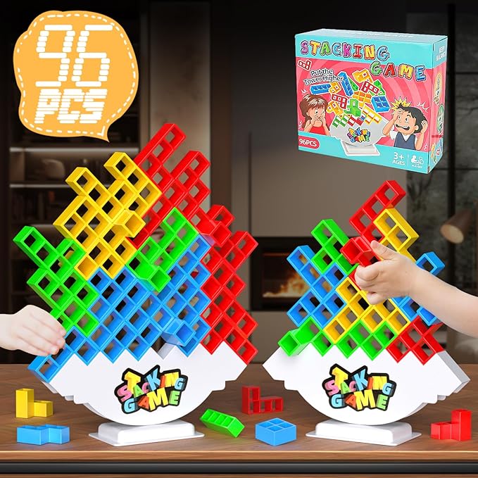 96PCS Stack Game for Adult & Kids, Tetra Board Tower Games for Family Travel Party, 4 Players Balance Stacking Toy, Team Toys Building Block