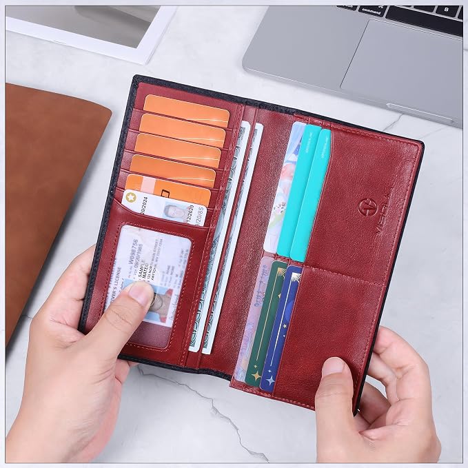 VISOUL Leather Checkbook Cover Wallet for Men with RFID Blocking, Mens Long Bifold Cash Tall Wallet with 11 Credit Card Slots 1 ID Window (Black+Burgundy)