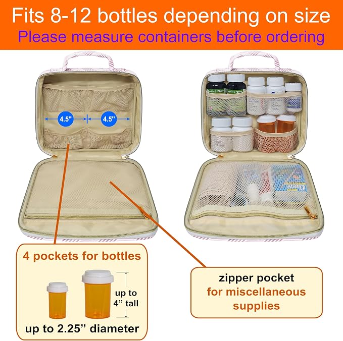 Medium Travel Pill Bottle Organizer, Slim Medicine Bag, Carrier for Medications and Medical Supplies - Jacquard Pink