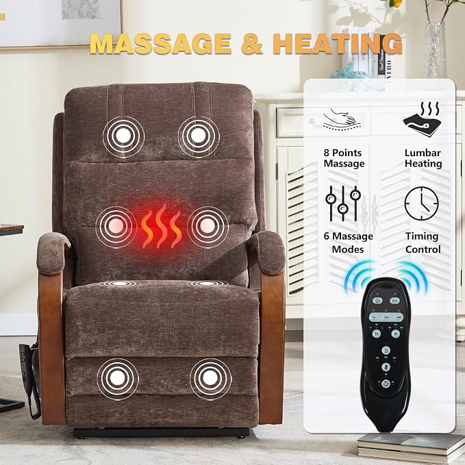 Trustyue Power Lift Recliner Chair, 180° Lay Flat Recliner, Lift Chair with Massage and Heat, Standing Assistance, Living Room Chair for Elderly People Chenille, Brown
