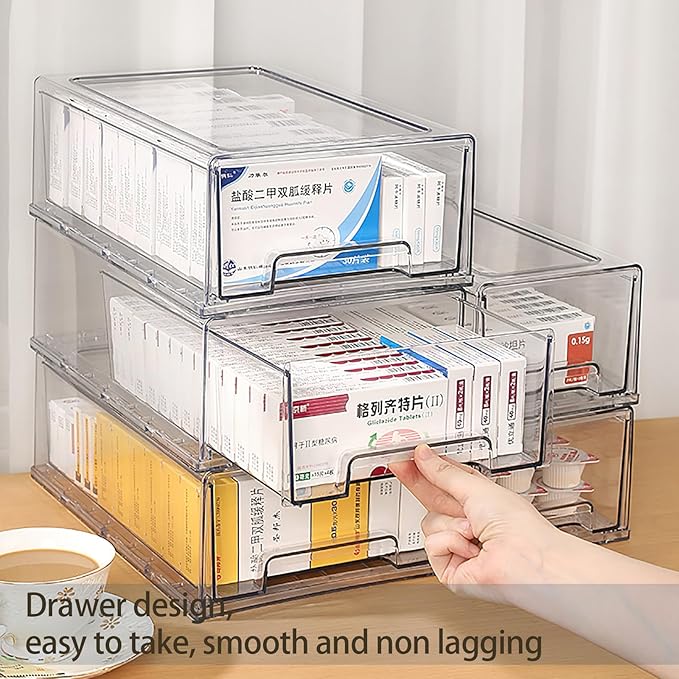 6 Pack Stackable Organizer Drawers, Clear Desk Storage Box,Transparent Drawer in Home, Office and Kitchen Pull Out Organizer Bins for Make Up, Jewelry, Pen, Desktop Stationary (6L drawer)