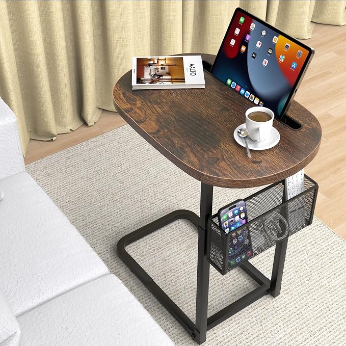Fashion TV Tray with Large Tabletop, Adjustable Sofa Table with Baskets | Tv Dinner Couch Tray Table With Strong Metal Frame for TV Watching, Meals, Snacks, Oval, Brown,16.93inch x 12.6inch