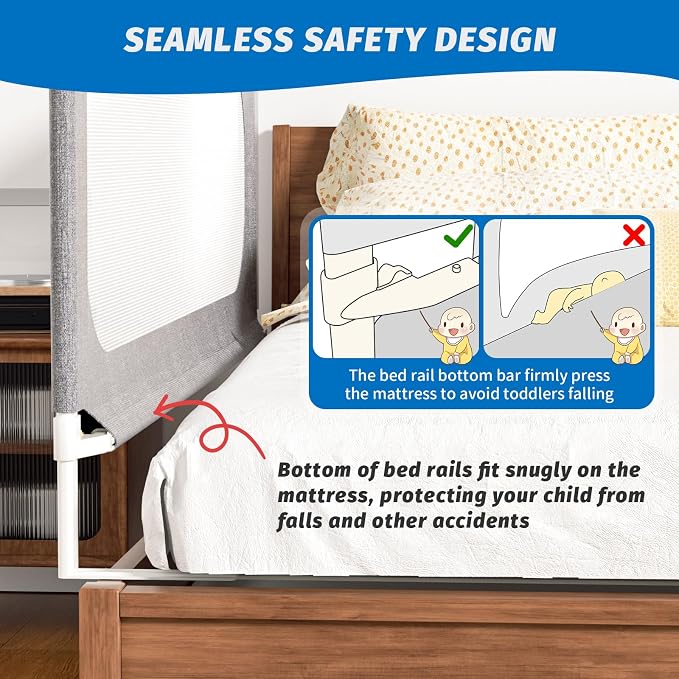 Bed Rails for Toddlers, with Headboard Rod -Height Adjustable Perfect Baby' Safety Bed Rails for Babys Bed Rails Guard (One Side 59.4"(L) ×28"(H)-Gary)
