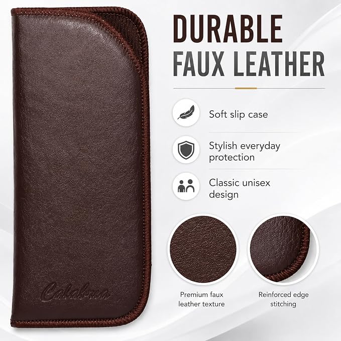 Calabria Half Slip-in Soft Eyeglass Case PU Leather Felt Brown Men Women Vertical Flat Eye Glasses Pouch Sunglasses Holder - 100PACK
