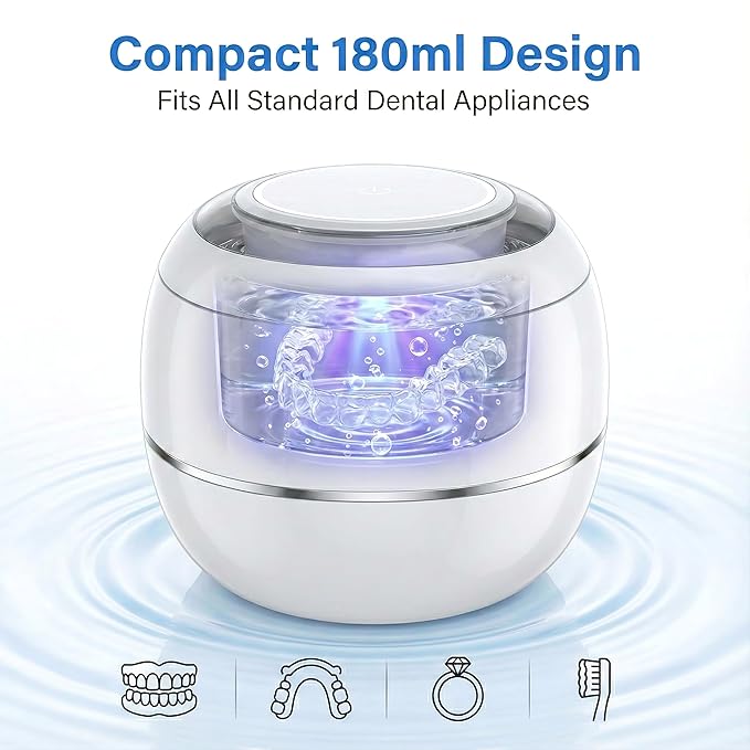 Ultrasonic Retainer Cleaner Machine, White, 42KHZ Dental Cleaning Pod For Denture, Toothbrush Heads,Jewelry, Braces, Digital Timer with 2 Modes, 180ML,304 stainless steel inner liner