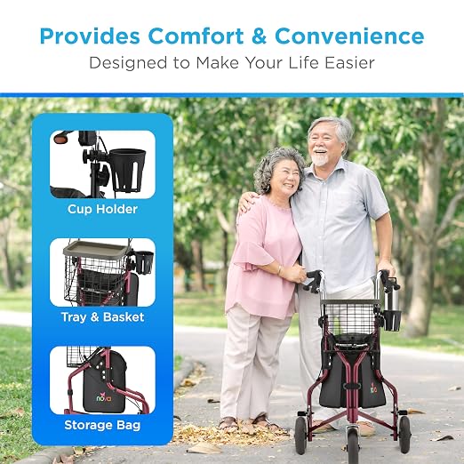NOVA Traveler Folding 3-Wheel Walker with Tray, Basket, Pouch & Cup Holder, Lightweight Mobility Aid for Seniors & Adults, 8” All-Terrain Wheels for Tight Spaces & Travel, Red