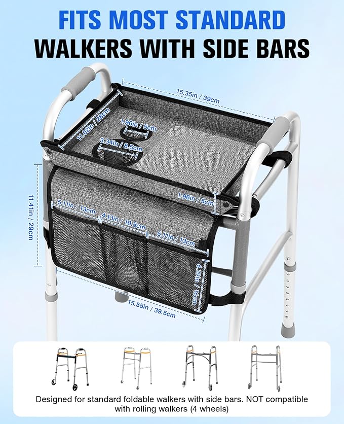 Rhino Valley Walker Tray for Folding Walker,Tray for Walker with Cup Holder | Sturdy & Non-Slip Tray for Walkers,Fits Standard Walkers,Removable&Easy Assembly, Mobility Accessory for Seniors Meals Drinks