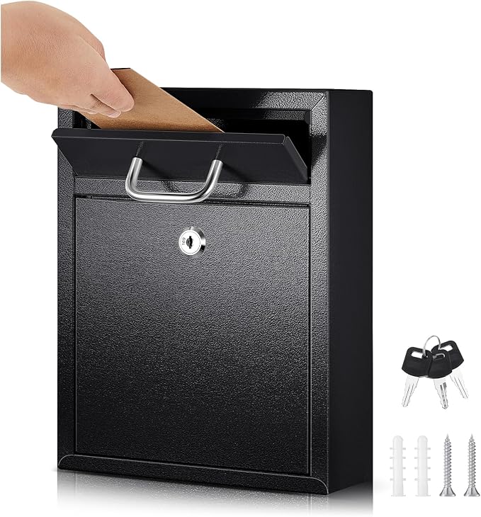 Yaocom Locking Mailbox with Key for Outdoor 10 x 7 x 3 Inches Small Wall Mount Mail Box with Lock Security Mail Drop Metal Collection Boxes Hanging Secure Postbox(Black)