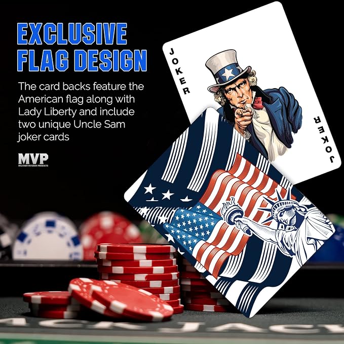 Military Gift Shop Blue American Flag Playing Cards - Patriotic Graphics - Premium Quality - Veteran Gifts for Men or Women | Flag Playing Cards Blue