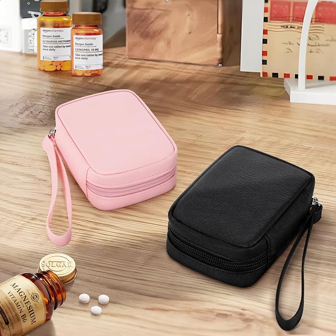 Zannaki Cute Pill Organizer for Purse with Two Removable 7-Day Pill Box, Travel PU Leather Pill Case, Portable Weekly Pill Container with Storage Bag to Hold Vitamins, Fish Oils, Supplements (Pink)