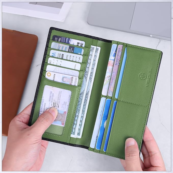 VISOUL Mens Checkbook Leather Wallets Long Bifold Wallets for Men Suit Wallet with 3 Cash Compartments 12 Credit Card Slots (Black+Olive Green)