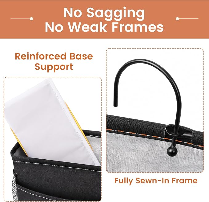 Bedside Caddy for Dorm Bed, Bedside Storage Bag Hanging Organizer | Metal Frame, Water-Resistant Lining, Fits Bed Rails up to 2.2 In, Adjustable Straps, Bunk and Hospital Beds(2 Pack, Black)