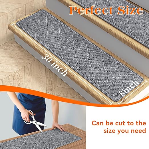 Stair Treads for Wooden Steps 15 PCS, Non Slip Stair Rugs Grey | 8x30in Self-adhesive Stair Runner Strips, Machine Washable, Indoor Carpet for Stairs, Stair Protection for Kids Pets Elderly
