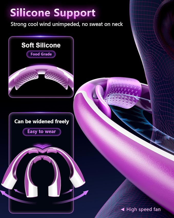 Rohent Neck Fan Portable for Women: High Speed Faster Cooling Neck Fan 4 Speeds Wind - Super Light Ultra Quiet Rechargeable Personal Fan for Fashion Women 13-35Y Girls - Purple
