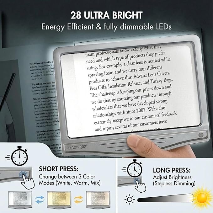 MagniPros 5X [Rechargeable] Large Ultra Bright LED Page Magnifier with Anti-Glare Lens & 3 Stepless Color Light Modes to Relieve Eye Strain-Ideal for Reading Small Prints, Low Vision and Seniors