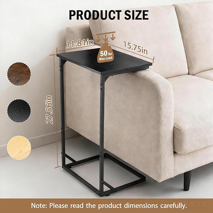 C Shaped End Table for Couch, Small Side Table for Living Room & Bedroom, Slide Under Sofa Table for Laptop, Coffee, Snacks, Easy Assembly, Modern Design