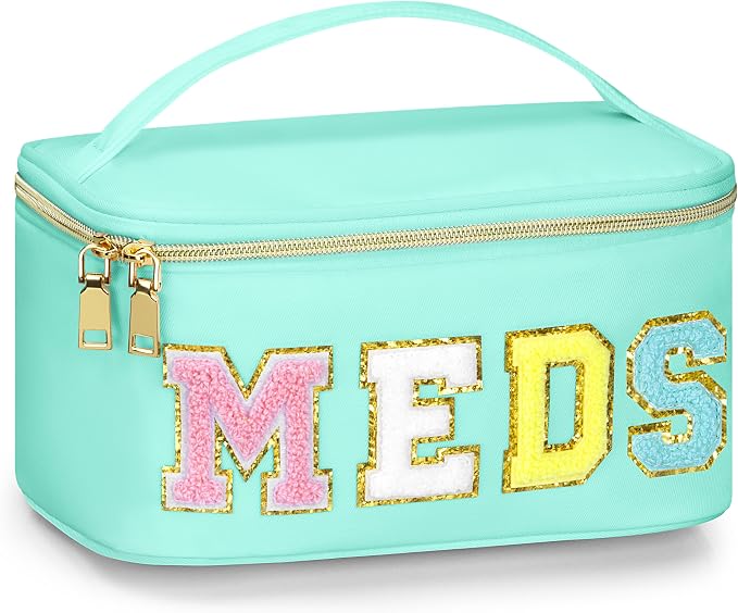 BuyCard Medicines Chenille Letter Bag Nylon Meds Makeup Pouch Preppy Path with Zipper and Handle Cosmetic Toiletry Storage Purse for Women Green