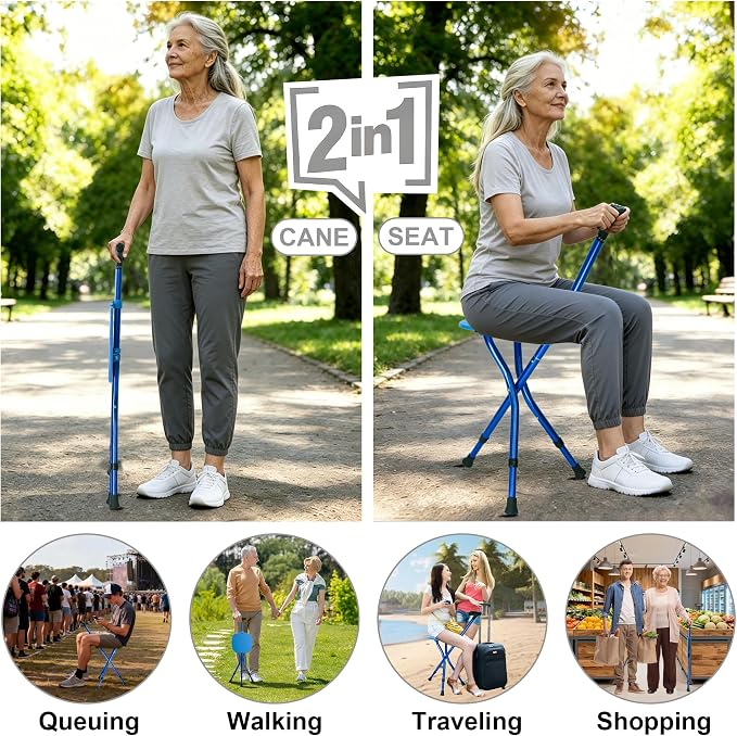 FATTCHIAR Walking Cane with Seat Folding Lightweight Adjustable Cane Chair Foldable for Seniors Portable Seat