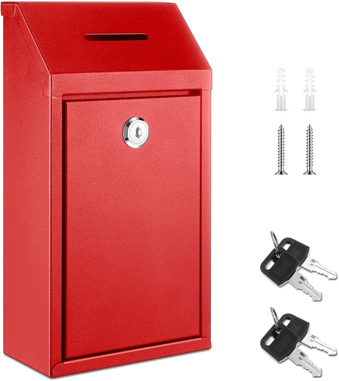 Yaocom Metal Money Box,Red,10.24 x 5.71 x 2.95 Inch,No Lid | Wall Mounted Drop Donation Cash Box for Farm Stand Collection Safe Suggestion Box with Lock Container for Home Office Outdoor