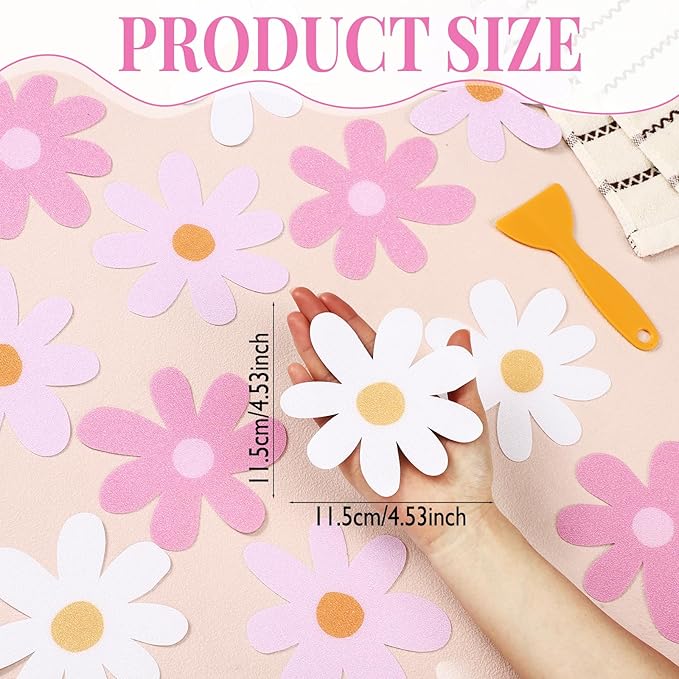 24 Pcs Flower Non Slip Bathtub Sticker Daisy Skidproof Shower Sticker Anti Slip Shower Decals Bathe Treads Adhesive Appliques Scraper Bright Flower Adhesive Decal for Bathroom Decor(Pink)