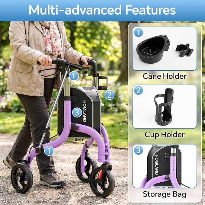 HOMLAND Foldable 3 Wheel Walkers for Seniors, Lightweight 10.4 lbs | with Cane & Cup Holder, Height Adjustable, 8'' big wheel, Lavender