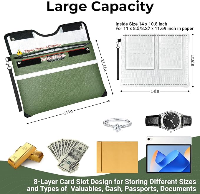 6200°F Fireproof Document Bag with Lock, 15x 11.8 Inch Fire Proof Bag for Documents Storage, Water Resistant Fire Proof Money Bags with Zipper, Fireproof Pouch Cash for Envelope Green