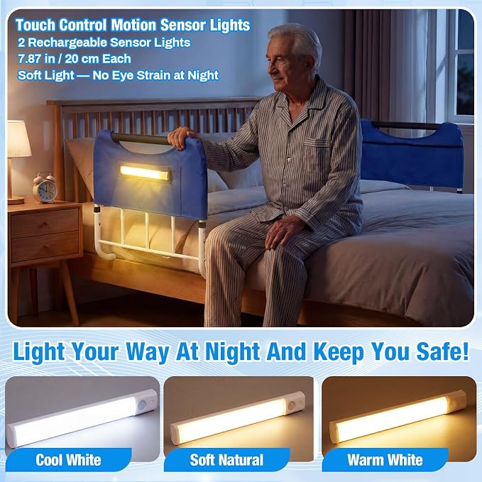 Double Bed Rail for Elderly Adults Safety, ASTM Compliant, Adjustable Bed Rail,U Bar with Sensor Light & Storage Pocket for Medical Bedside Safety Assisting Rails Fits Twin Full Queen Beds