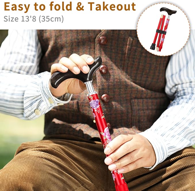 Stylish Foldable Walking Cane - Pattern Printed, Adjustable, for Men and Women Stability and Balance, Light Weight, for 5'~6' Height
