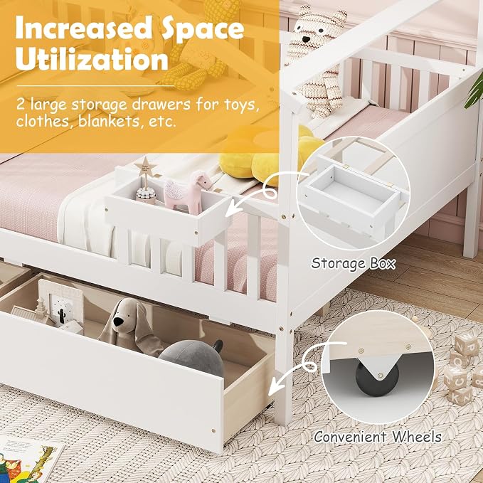 Giantex Full House Bed with Drawers, Wooden Full Size Bed Frame with Cube Storage & Fence Rails, Montessori Beds for Kids Boys Girls, Bedroom, Living Room, No Box Spring Needed, White