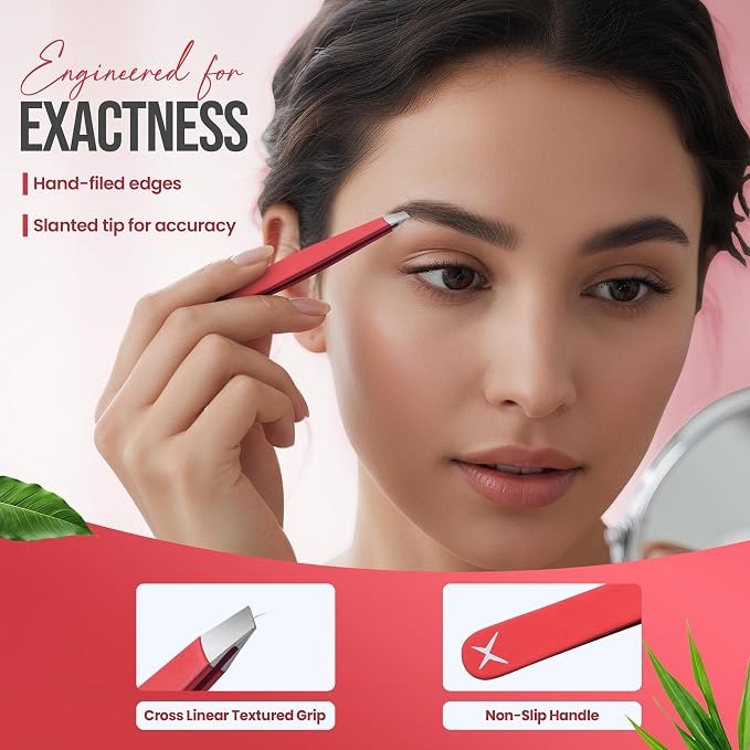 Professional Slant Tip Tweezers - Precision Stainless Steel Eyebrow Plucking Tool for Women and Men, Ingrown Hair Remover, Facial Hair Tweezers for Grooming (Neon Coral)