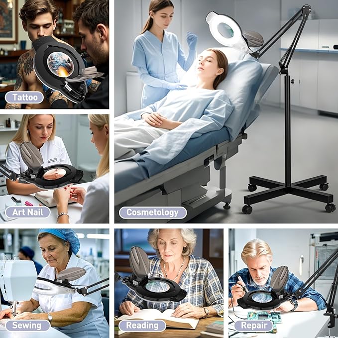 10X Lighted Magnifying Glass with Light, NUEYiO 2200 Lumen Stepless Dimmable Magnifying Floor Lamp, 2-In-1 Adjustable Metal Swing Arm LED Magnifier Lamp, Esthetician Light for Tattoo Reading Soldering
