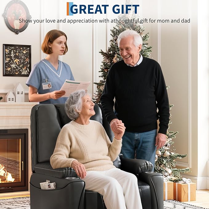 Garvee Power Lift Recliner Chair Sofa, PU Leather Reclining with Charging Ports, Cup Holders, Electric Stand Assist for Elderly, Home Theater Seating with Remote for Living Room, Gray