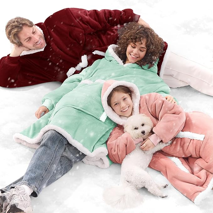 JOYWOO Wine Red Wearable Blanket Hoodie,Oversized Cat Lovers Sweatshirt Blanket for Adult, Birthday Gifts for Women,Mom,Men,Cozy Sherpa Hooded Blanket with Giant Pocket Winter Gifts,Burgundy Standard