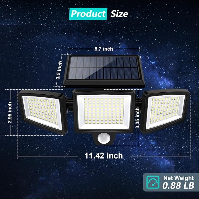 Tuffenough Solar Outdoor Lights 2500LM 210 LED Security Lights with Remote Control,3 Heads Motion Sensor Lights, IP65 Waterproof,270° Wide Angle Flood Wall Lights with 3 Modes(3 Packs)