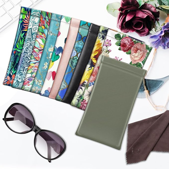 FINTIE Soft Eyeglasses Case with Cleaning Cloth, Portable Squeeze Top Vegan Leather Glasses Pouch, Sunglasses Eyewear Bag