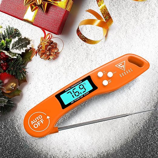 DOQAUS Digital Meat Thermometer, Instant Read Food Thermometer for Cooking | Backlit & Auto-Rotating Display, 4.6” Probe Perfect for Grilling, Baking, and BBQ Gift for Dad Men - Orange