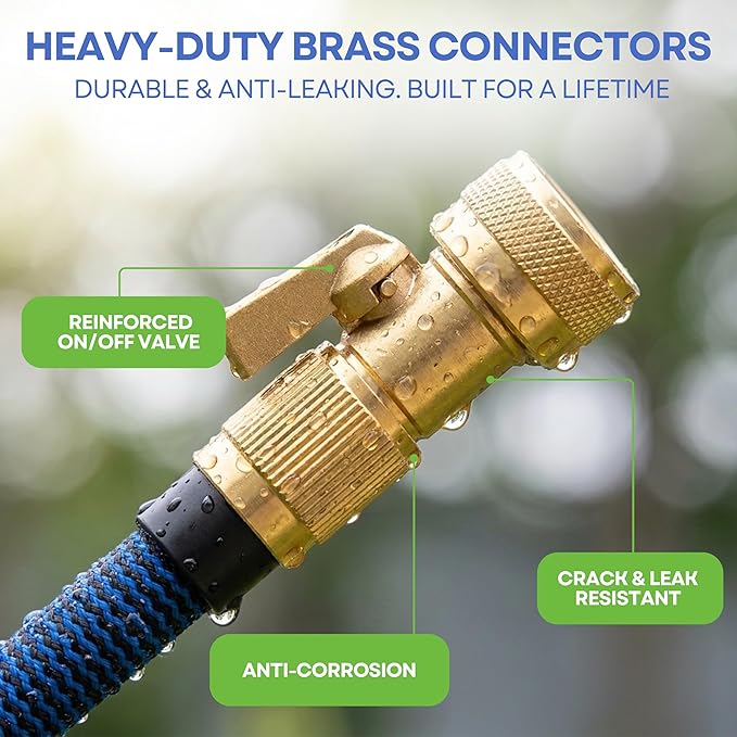 J&B XpandaHose 75ft Expandable Garden Hose, Lightweight, Brass Connectors | Ultra Strong 3750D fabric, 4-layer latex core, expands 3X, kink & leak-resistant, 10-pattern nozzle, storage bag