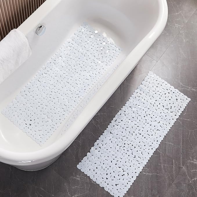 Bath Shower Mat Non Slip: Extra Large Pebble Bathtub mat for Kids, Elderly, Anti Slip Shower Matt with Drain Holes Suction Cups Tub Mat - 16 X 40 Inch White